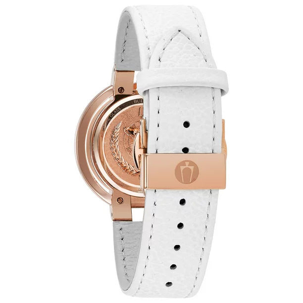Bulova Rubaiyat Quartz Diamond Accents, Rose Gold-Tone, White Leather Women's Watch 35MM 98R243