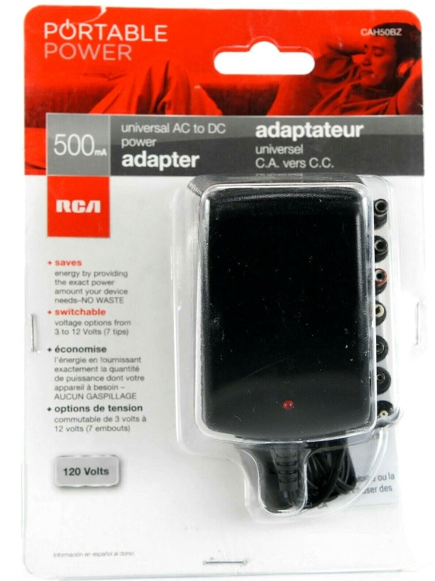 RCA Universal AC to DC Adapter 3 to 12 Volts 500mA / 7 tips (BOX OF 6)