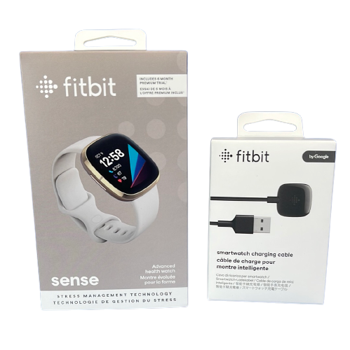 Fitbit Sense Health & Fitness Smartwatch (Lunar White) With Extra Charging Cable Pack