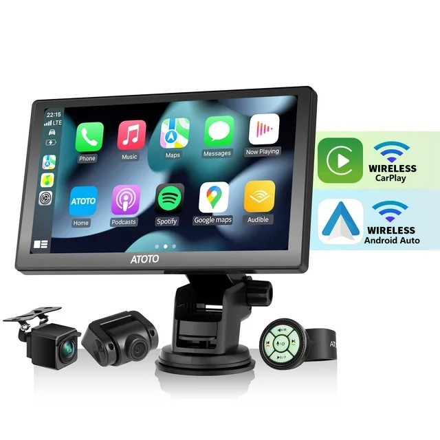 ATOTO P8 7-inch Touchscreen Portable On-Dash Navigation, Wireless Carplay & Wireless Android Auto, with HD 1080P Front Dash Cam, WDR & Auto Dimmer, Remote Control