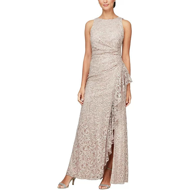Alex Evenings Ruffle Sequin Lace Gown Buff