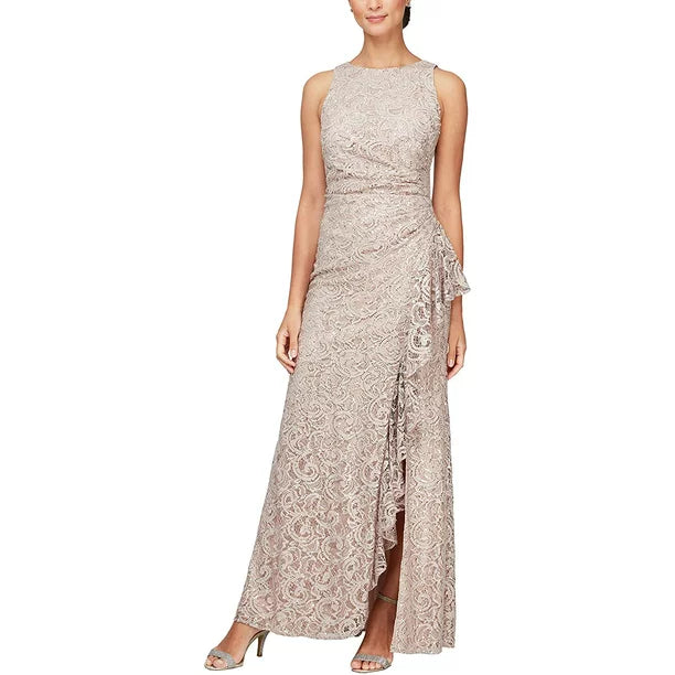 Alex Evenings Ruffle Sequin Lace Gown - Buff 