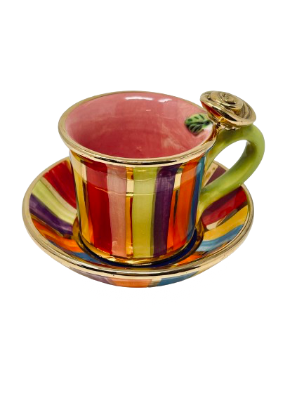 Rose-Handled Handmade Cup & Saucer in Lustred Stripe By Mary Rose Young