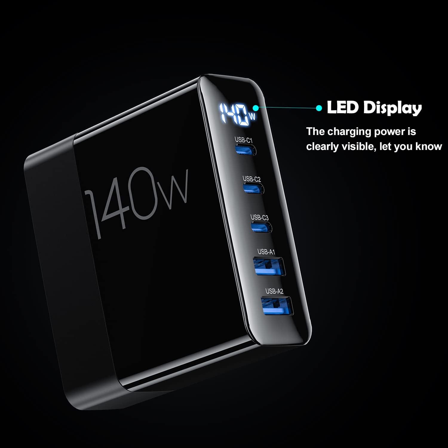 140W USB C Charger with LED Display, 5-Port GaN USB Desktop Charging Station with 3 USB C+2 USB A