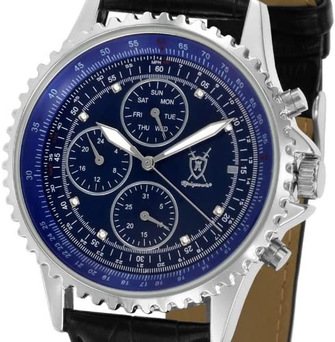 Konigswerk Mens Multifunction Watch Blue Dial Crystal Markers Black Leather Band SQ201426G