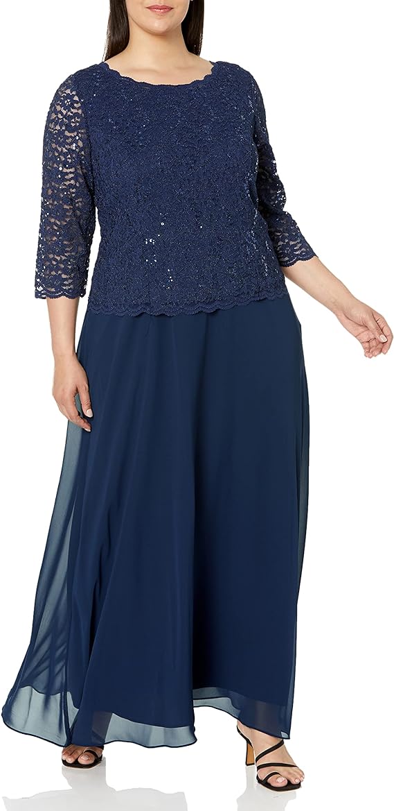 Alex Evenings Women's Plus Size Long Tea-Length Lace Mock Dress - Navy (Size 14)