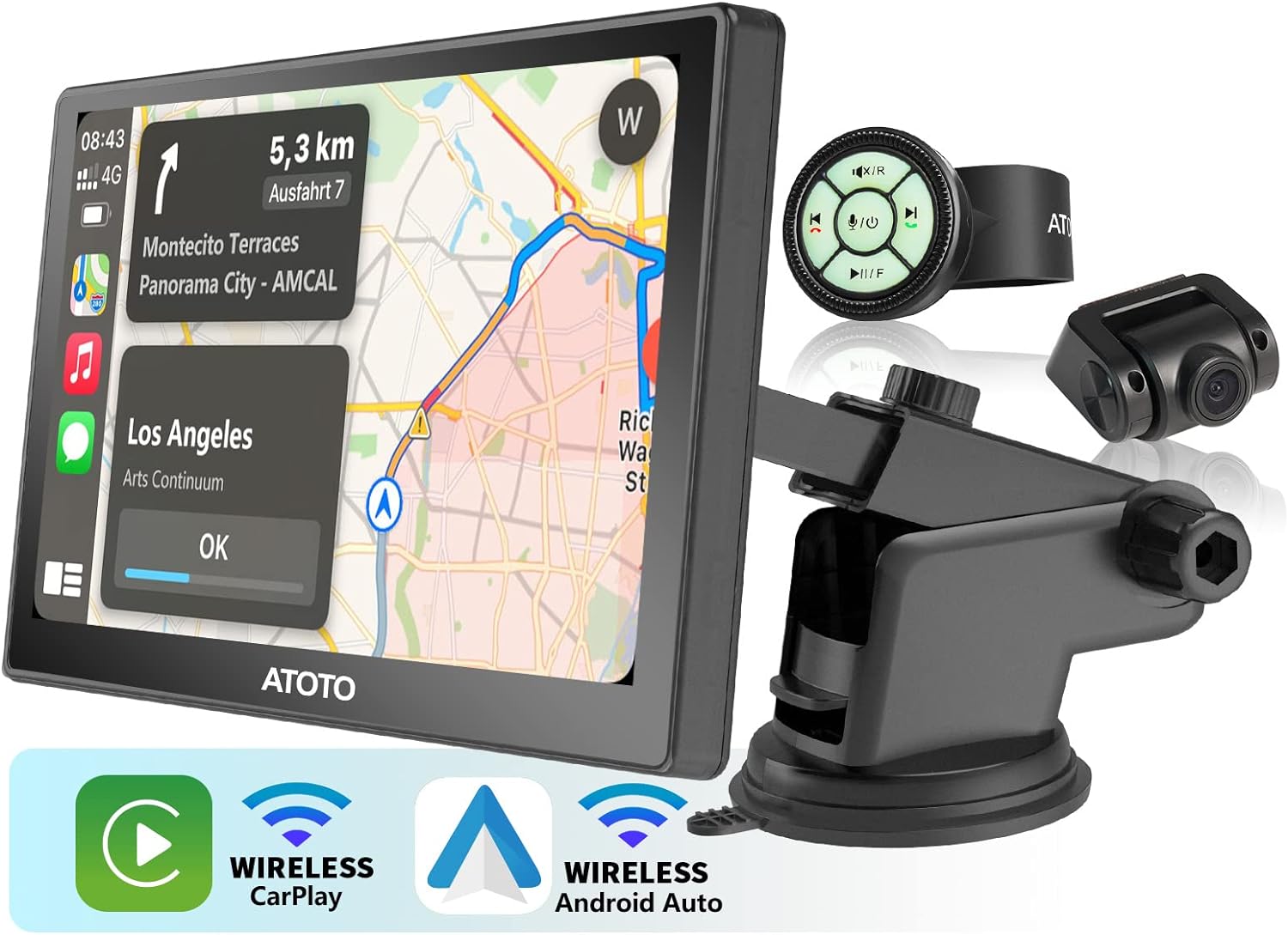 ATOTO P8 7-inch Touchscreen Portable On-Dash Navigation, Wireless Carplay & Wireless Android Auto, with HD 1080P Front Dash Cam, WDR & Auto Dimmer, Remote Control