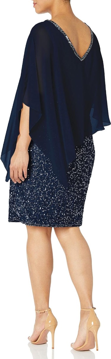 JKARA Womens Plus Size Caplet Short Cocktail Beaded Dress - Navy Blue (Size 22W)