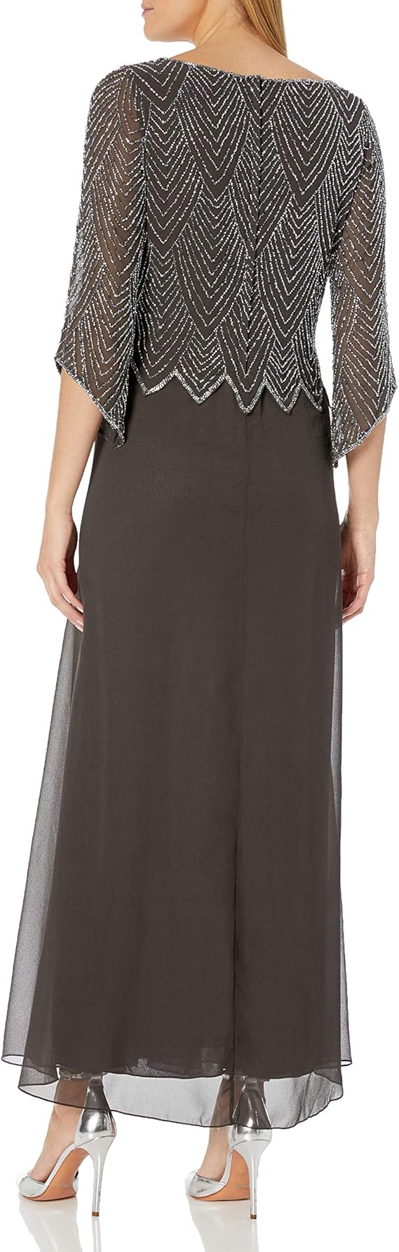 JKara Scoop Neck 3/4 Sleeves Long Dress - Grey (Size 16)