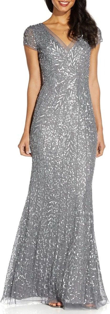 ADRIANNA PAPELL Beaded V-Neck Mermaid Gown - Sterling (Size 8)