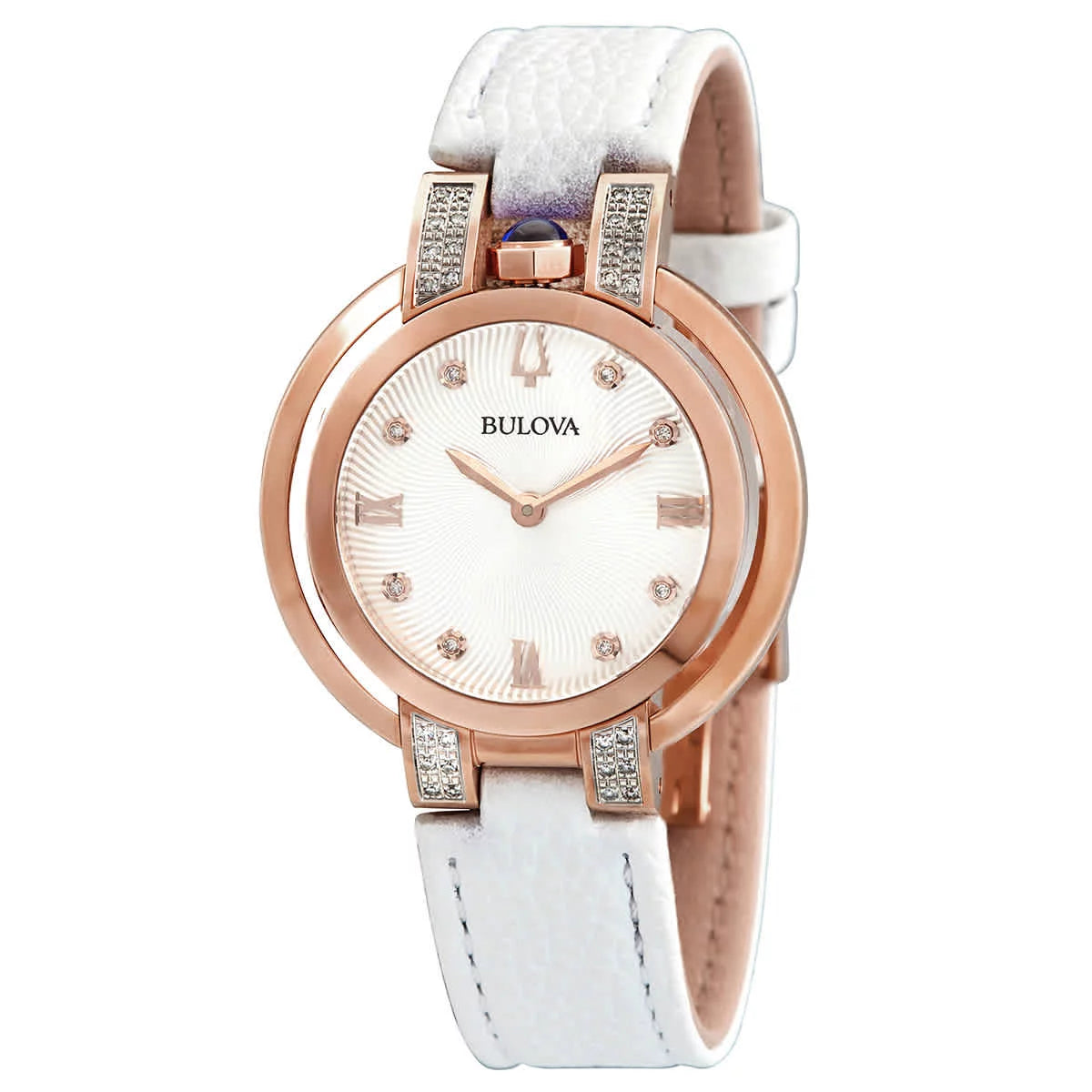 Bulova Rubaiyat Quartz Diamond Accents, Rose Gold-Tone, White Leather Women's Watch 35MM 98R243