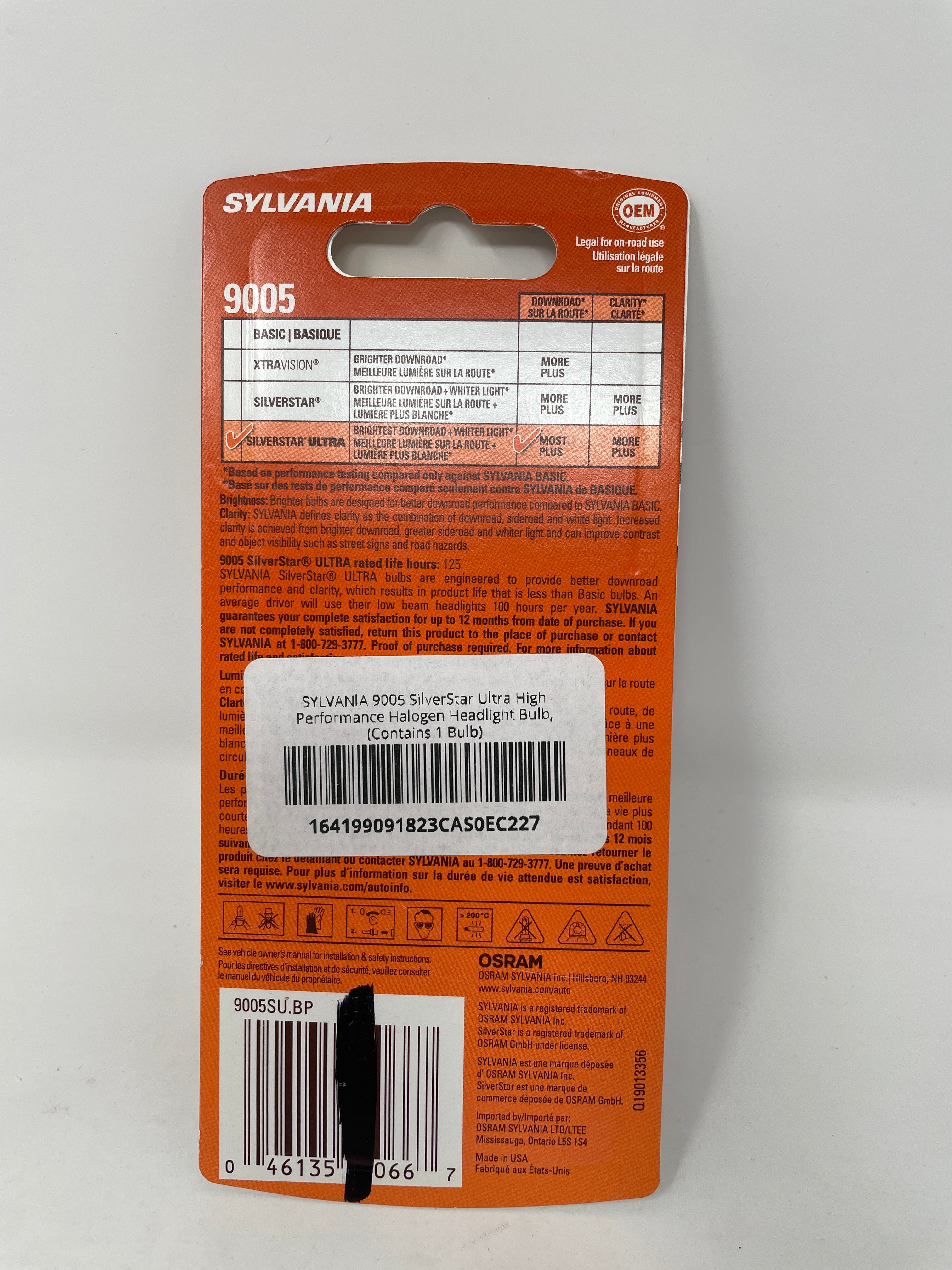SYLVANIA 9005 SilverStar Ultra High Performance Halogen Headlight Bulb, (Contains 1 Bulb)
