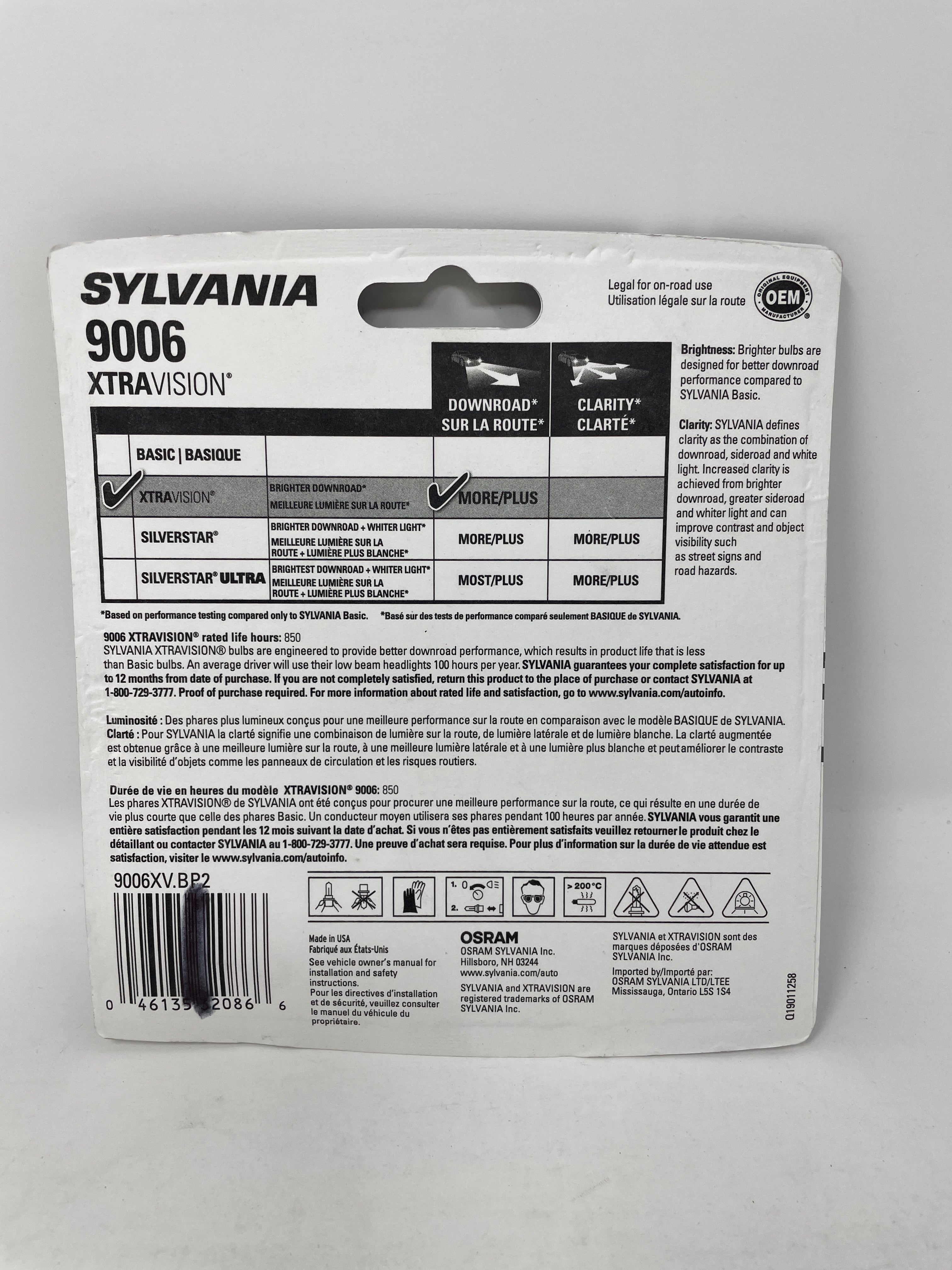 SYLVANIA 9006 XtraVision Halogen Headlight Bulb, (Pack of 2)