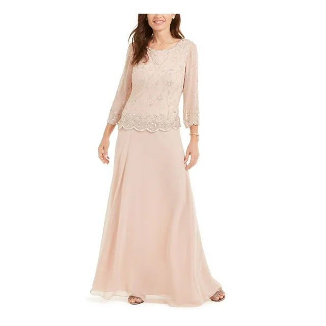 JKARA Pink Beaded Asymmetrical Hem Overlay 3/4 Sleeve Round Neck Long Dress - Size 10P
