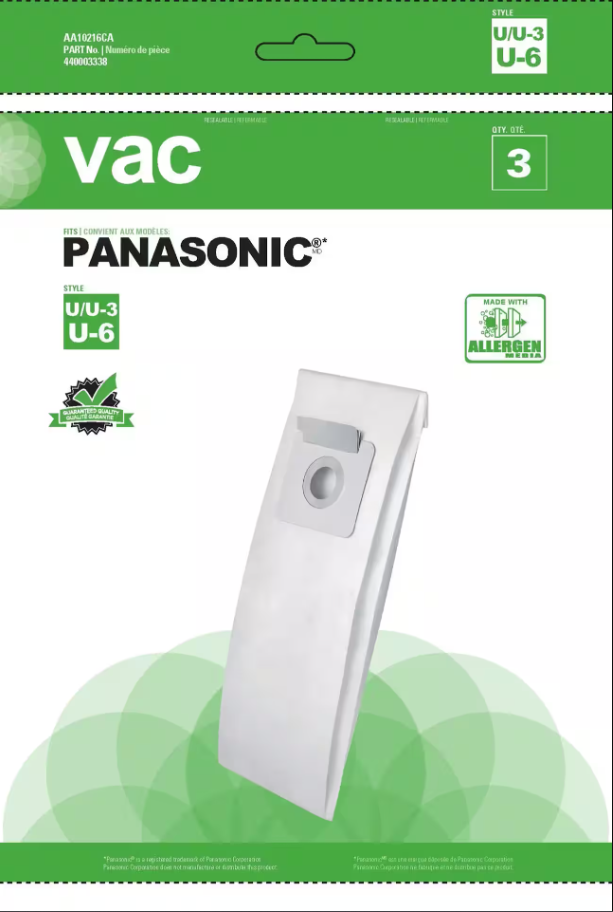 VAC Panasonic U/U-3, U-6 Replacement Allergen Vacuum Cleaner Bags (3-pack)