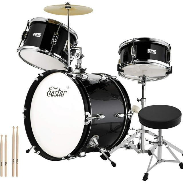 Drum Set Eastar 16 inch 3-Piece, Junior Drum Kit for Beginners Kids Teenagers with Adjustable Throne and Cymbal, Pedal & Drumsticks, Metallic Black (EDS-280BK)