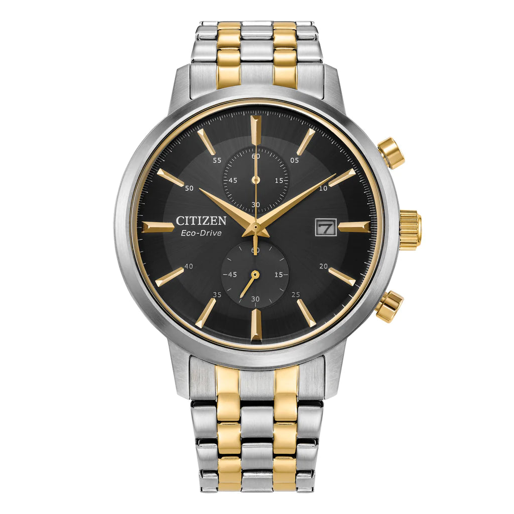 CITIZEN Eco-Drive Men's Classic Two-Tone IP Chronograph Watch with Black Dial (CA7064-52E)