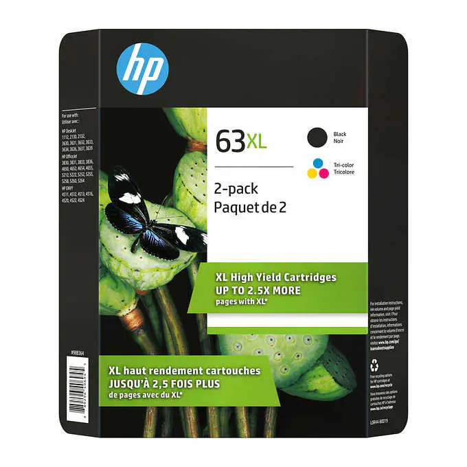 HP 63XL Black and Tri-Color High Yield Original Ink Cartridges (L0R44BN), 2-pack
