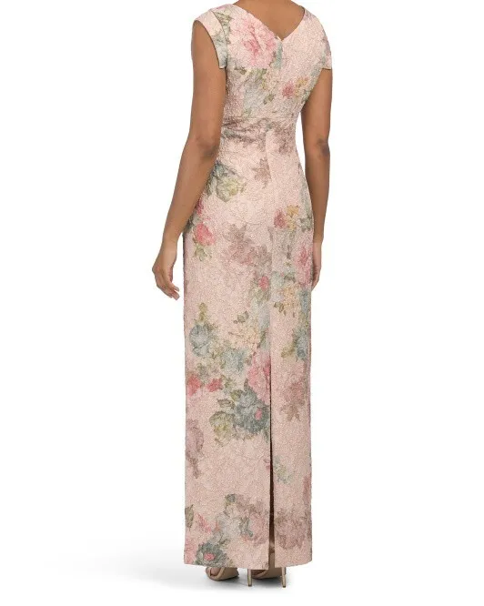 ADRIANNA PAPELL Floral Metallic Stretch Matelasse Long Column Gown - Marble/Multi (Size 10) 