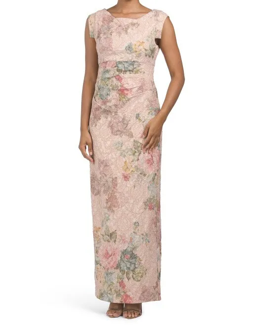 ADRIANNA PAPELL Floral Metallic Stretch Matelasse Long Column Gown - Marble/Multi (Size 10) 