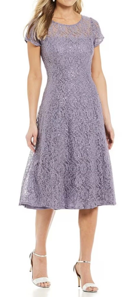 SLNY Embroidered Scoop Neck Tea Length Dress - Mystic Heather (Size 16W)