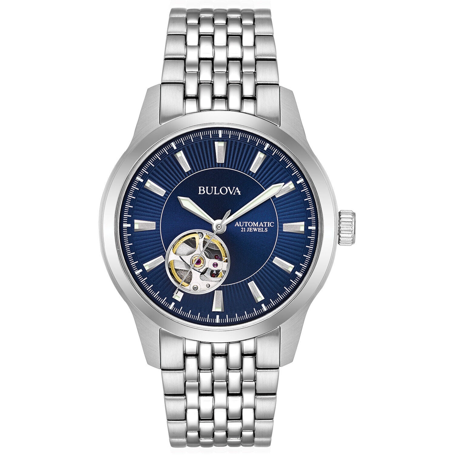 Bulova Men s Automatic Open Heart Window Blue Dial Watch 96A189