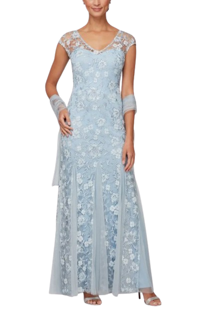Alex Evenings Floral Embroidered A-Line Gown with Shawl - Light Blue (Size 10)