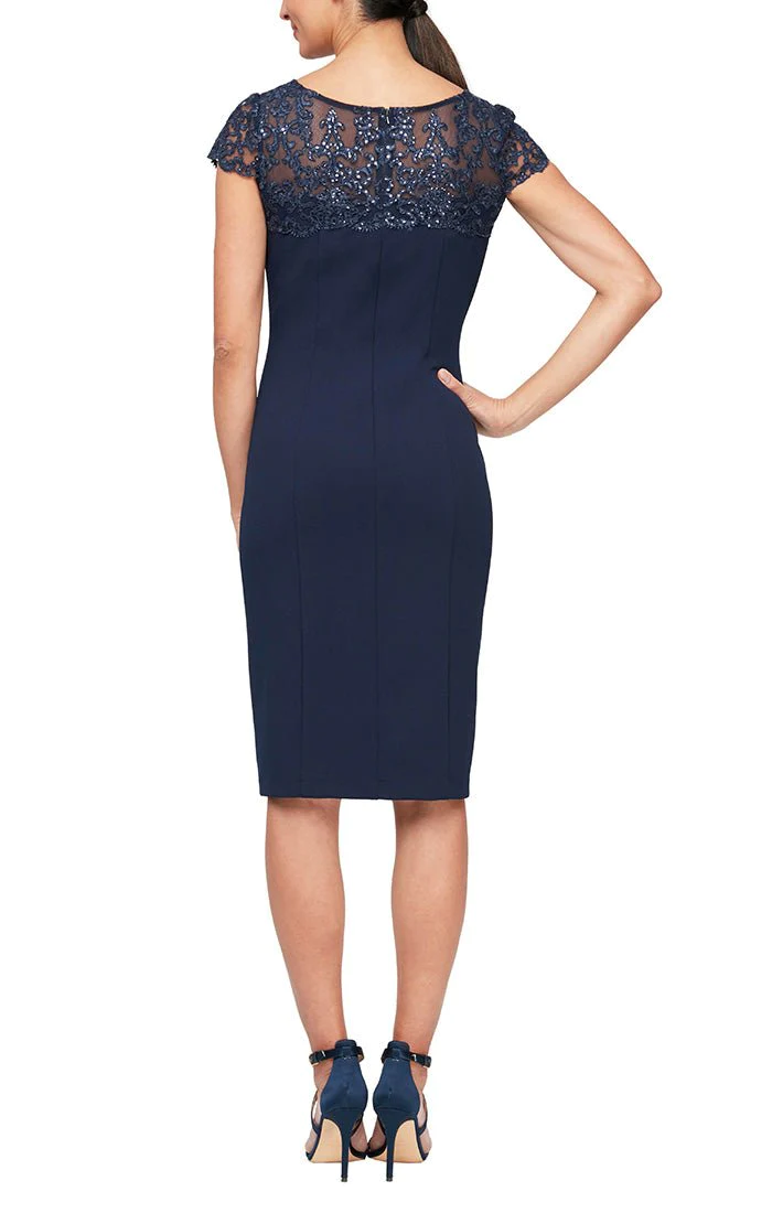 Alex Evenings Short Sheath Dress with Embroidered Illusion Neckline and Cap Sleeves - Navy (Size 4) 